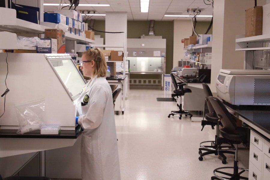 A scientist at the state public health lab running COVID-19 testing. (Photo: Crixell Matthews/VPM)
