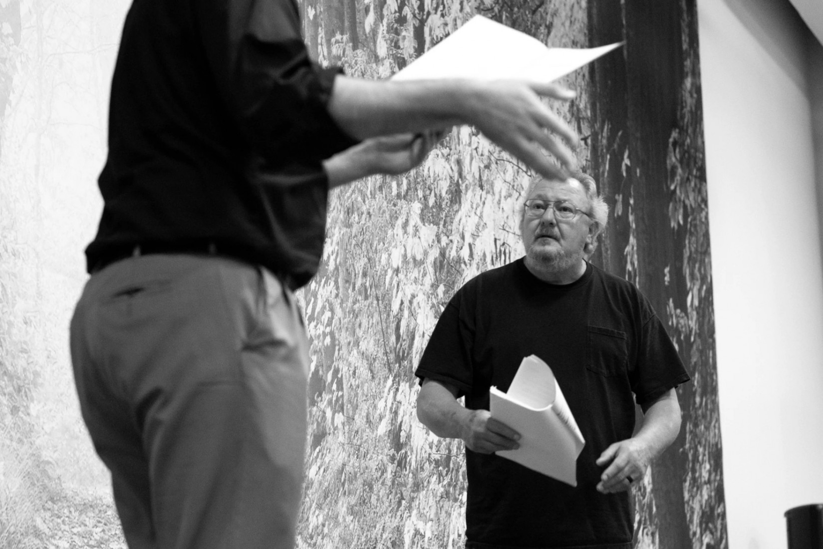 Marty Pavlik (right) runs lines during a rehearsal. Pavlik plays Sheriff Bob Hansborrow.