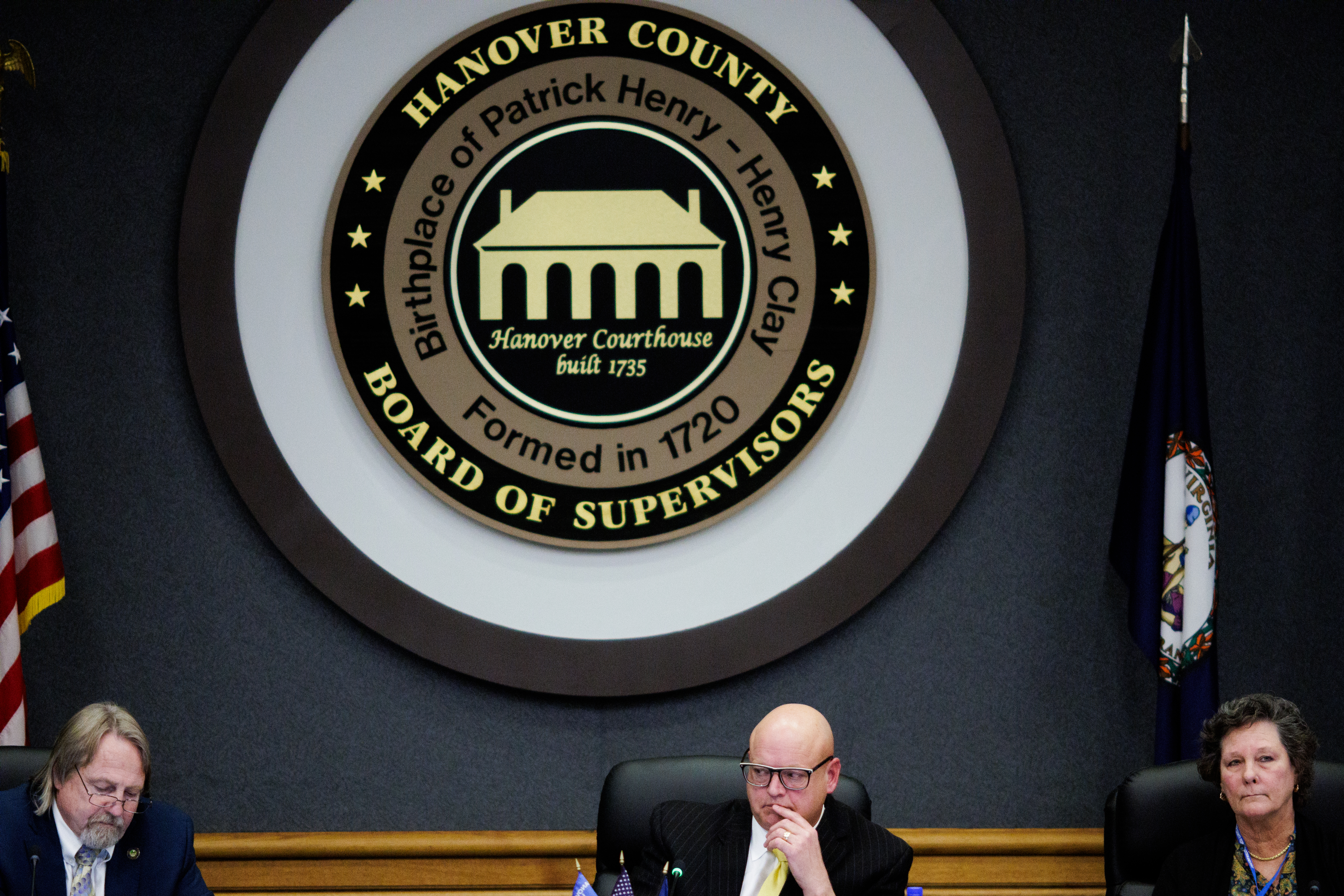 Hanover County Supervisors Jeff Stoneman, Sean Davis and Susan Dibble listen to public commenters on Wednesday, January 28, 2026 in Hanover.