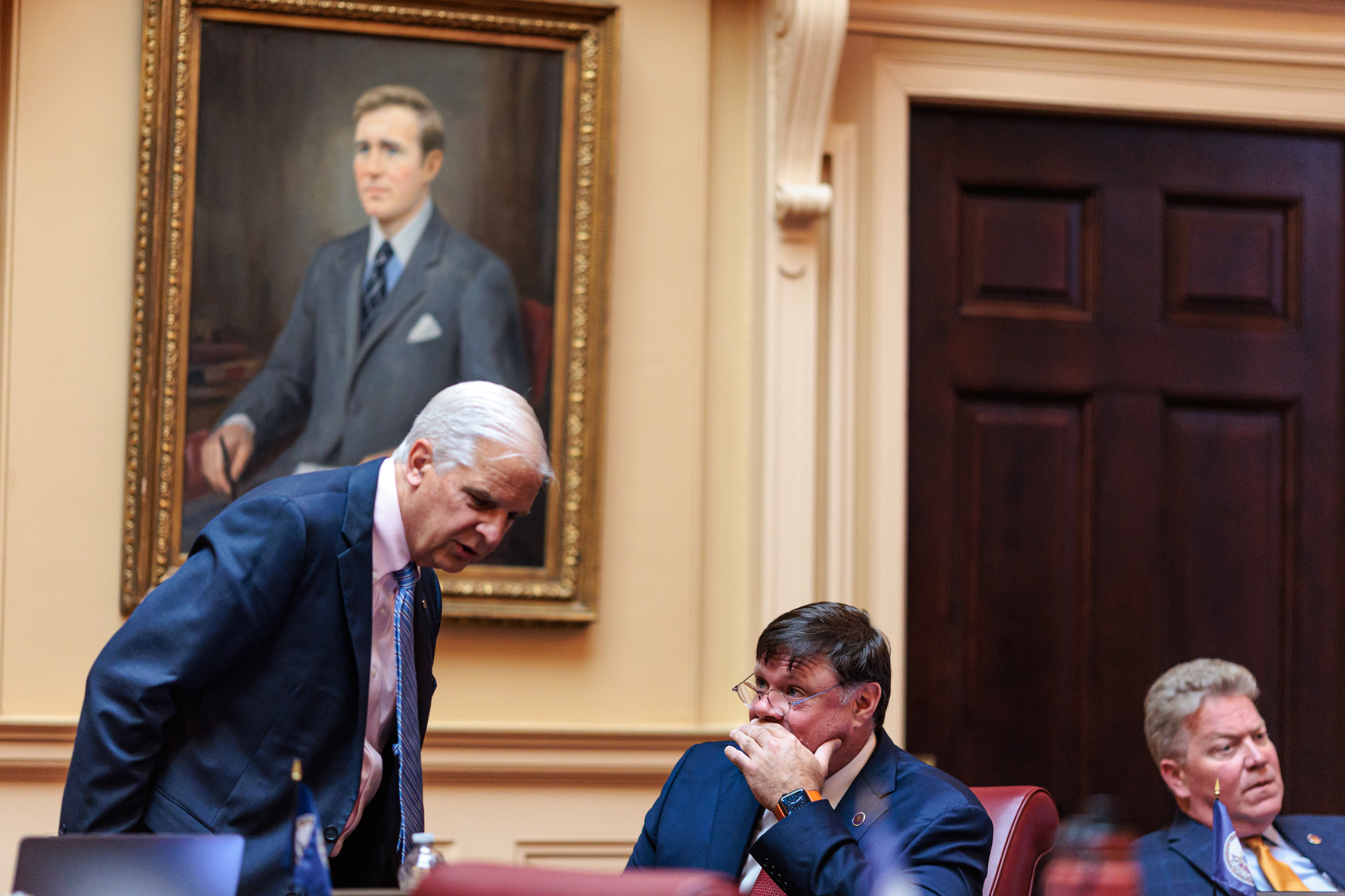 Virginia Senate votes to propose redistricting amendment 1 State Sen. Mark Obenshain (R–Rockingham), left, chats with Senate Minority Leader Ryan McDougle (R–Hanover) as Sen. Bill Stanley (R–Franklin County) looks on during a special session of the General Assembly on Wednesday, October 29, 2025 at the Virginia State Capitol in Richmond.