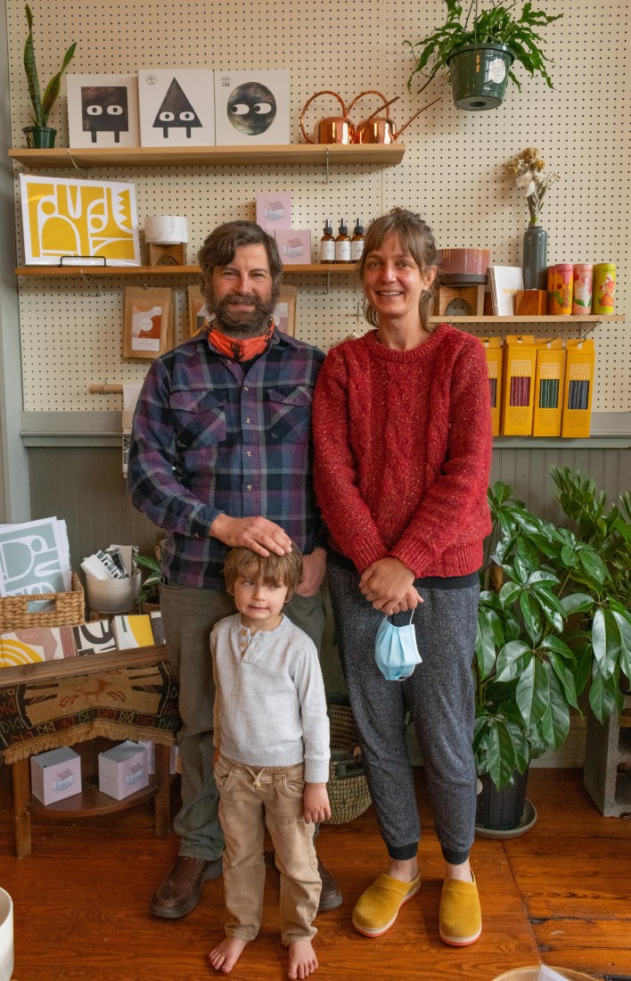 A Hot Pink Fridge Is Helping Feed a Community 3 Melissa and Frayser Micou opened Pomona three years ago after closing their previous business in Church Hill, Gather Home and Garden. For the Micous, sustainable living is a family affair; Odin (4) and Levon (6, not pictured) frequent the shop with their parents. (Photo: Alex Scribner/VPM News)