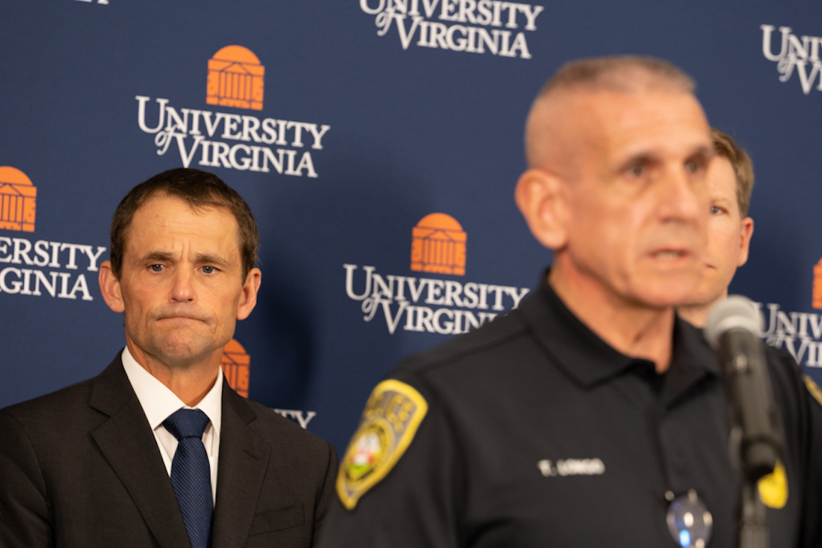 University of Virginia President James Ryan stands behind UVA Police Chief Tim Longo during a Monday press confrence. (Photo: Chris Tyree/Virginia Center for Investigative Journalism at WHRO)