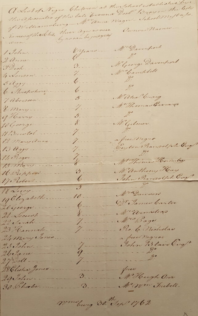 The Bray School Lab is uncovering untold Black American stories 2 williamsburg bray school 1762 list