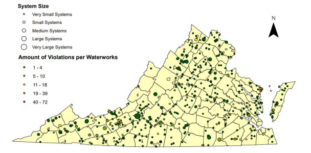 A statewide map of the number of 2020 drinking water violations based on the size of water systems. (Virginia 2020 Annual Compliance Report: Public Drinking Water Program)