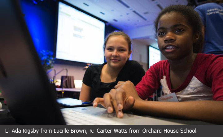 Techsters: Girls Learn to Code at Mini-Hackathon 2 girls coding at computers2