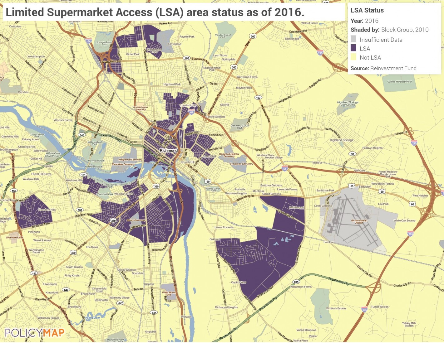 VCU Summit Tackles Richmond's 'Food Deserts' 1 Areas of Richmond with limited access to commercial groceries. (Source: www.policymap.com)