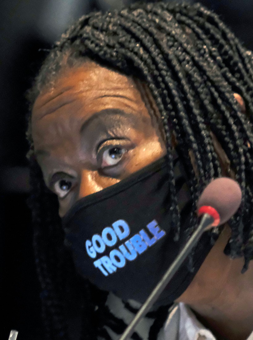 Va. Senate Approves Bill Banning Chokeholds, No-Knock Warrants 1 Sen. Mamie Locke (D - Hampton) wears a mask borrowing a phrase from the late civil rights leader John Lewis. (Pool photo: Bob Brown/ Richmond Times-Dispatch)