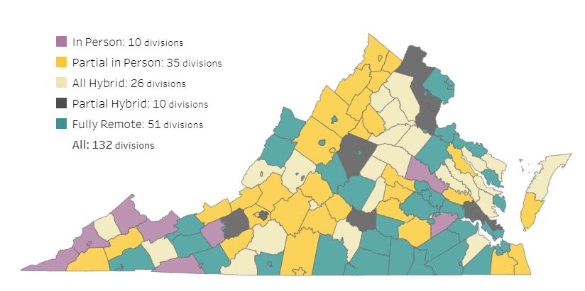 With only 10 school districts fully in-person, Virginia's parents have faced increasing childcare responsibilities, a burden that's fallen primarily on women. (Graphic: Virginia Department of Education)