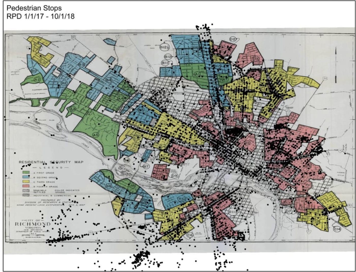 Mapping Projects Show Lasting Impact Of Redlining, Racial Covenants In Virginia 3 Brian Koziol with HOME compared modern day police stops of pedestrians (the black dots) with the HOLC maps that labeled red neighborhoods as "hazardous" and yellow areas as "definitely declining." (Courtesy: Brian Kozial)