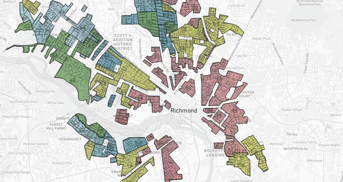 Mapping Projects Show Lasting Impact Of Redlining, Racial Covenants In Virginia 1 The 1930s federal HOLC maps graded neighborhoods in nearly 250 cities based on race, which led to decades of discriminatory practices in real estate sales, lending and insurance. (Courtesy: Mapping Inequality)
