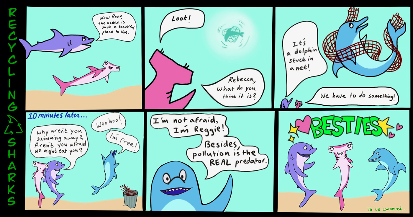 "Recycling Sharks" Comic Adventures Teach the 3 R's and More 1 sharks 7 6 intro