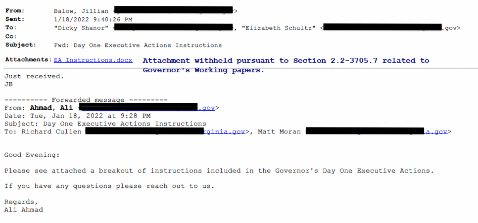 Screenshot of email obtained by VPM in a public records request.