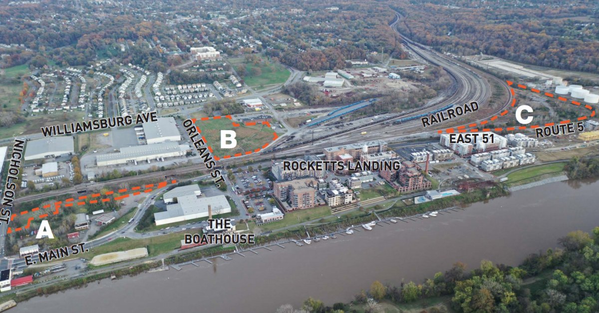 Aerial view of "Fulton Yards" proposed development. Parcel A would include a 5-storey building and 20,000 square feet of commercial space. Parcel B would include about 275 rental units, mostly one bedrooms priced at market rates. Image courtesy Zimmer Development Company.