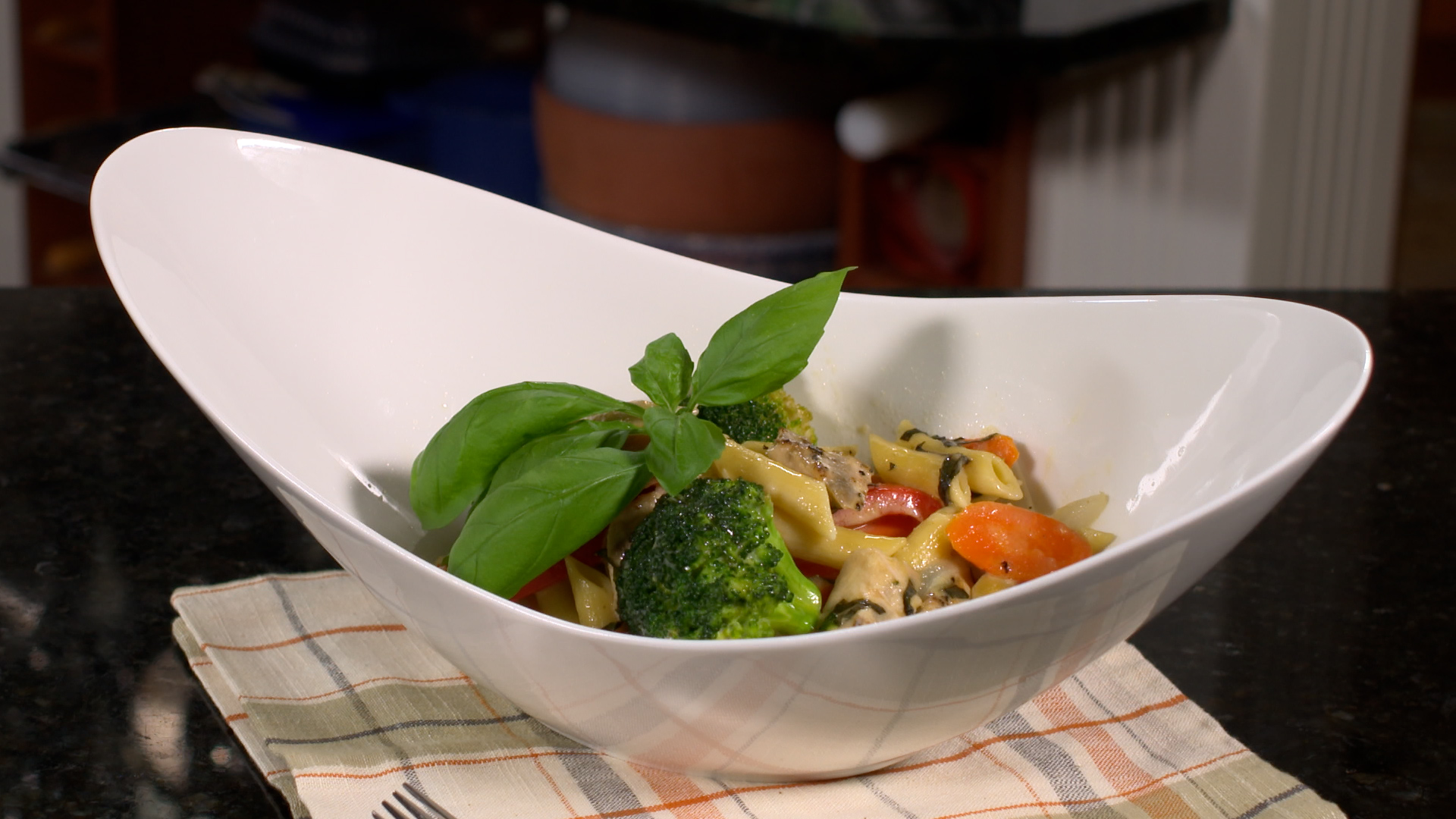 Pasta Primavera with Grilled Chicken and Basil Cream Sauce