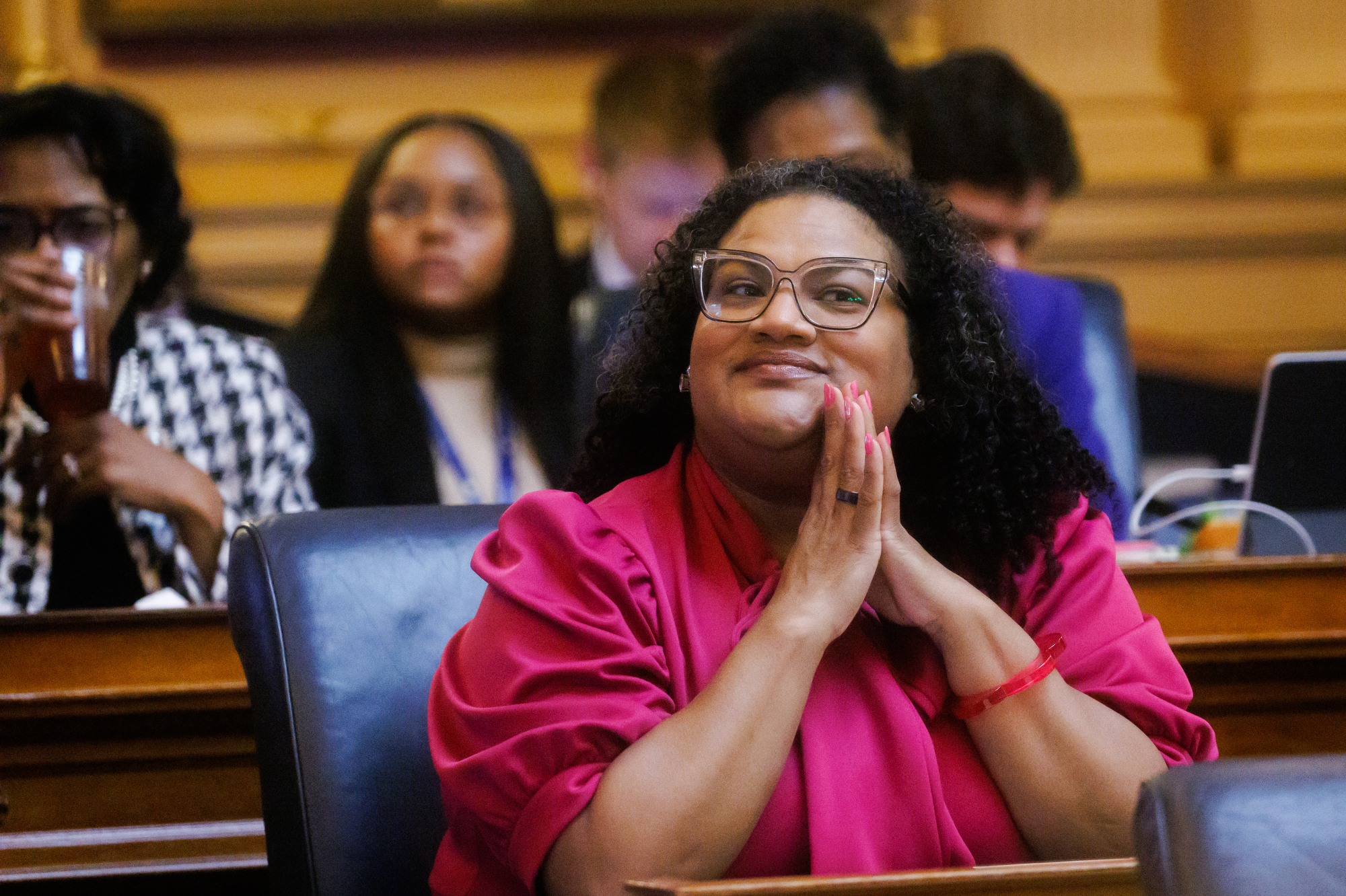 Del. Cia Price, D–Newport News, listens to remarks from House Speaker Don Scott, D–Portsmouth, during the first day of the 2026 General Assembly session on Wednesday, January 14, 2026 at the Virginia State Capitol in Richmond.
