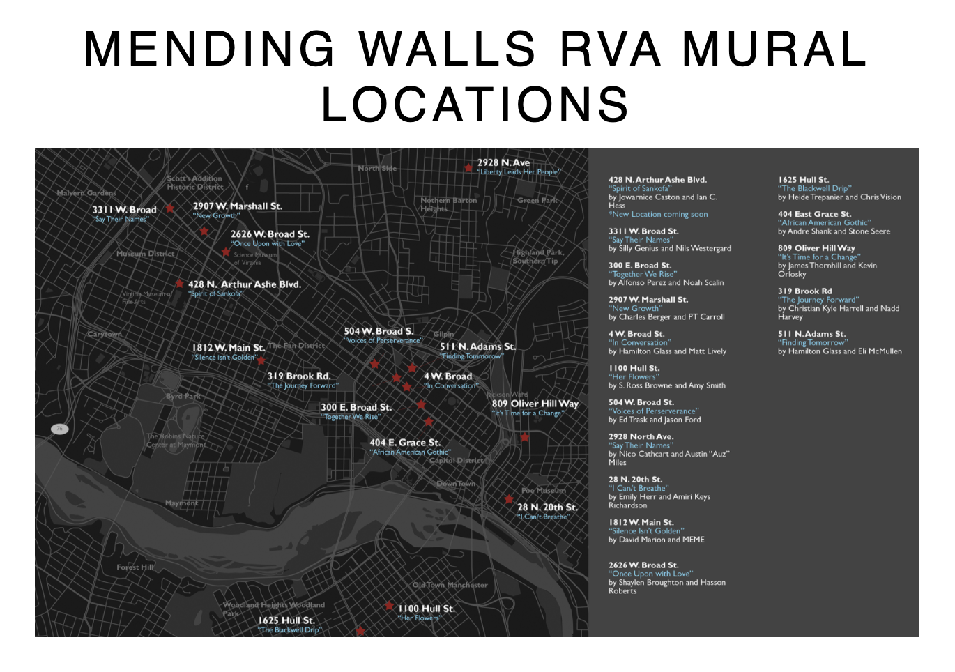 “We Need to Talk About…”: Richmond Artist Sparks Conversations on Racial Equity With Public Art 1 You can see all 16 murals created for the project around Richmond. (Screenshot from Mending Walls RVA Mural Project)