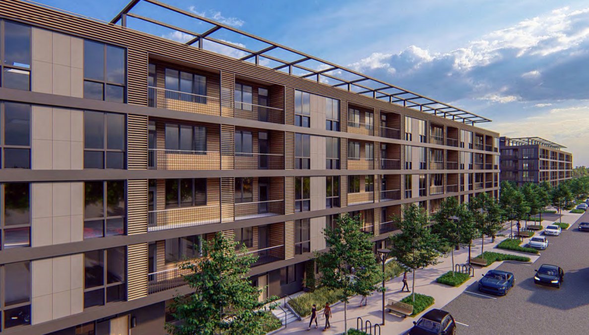 A rendering of one of the proposed residential buildings for "Fulton Yards." The company plans pedestrian improvements and bicycle amenities. Image courtesy Zimmer Development Company.&nbsp;