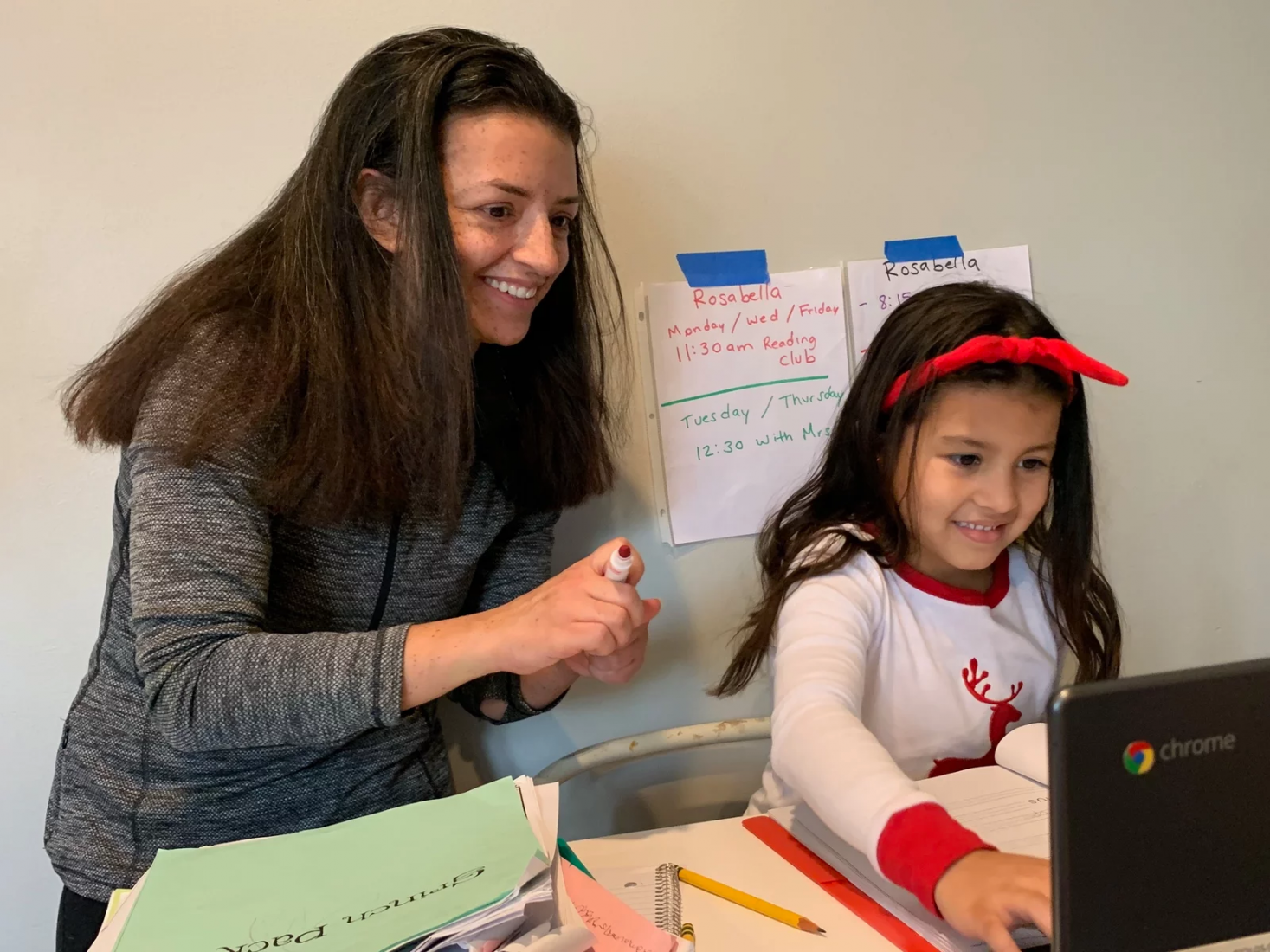 Resources for Parents On Gestural Communication 1 From NPR: Chantelly Manzanares grades her daughter Rosabella's spelling test. Because her mother is deaf, Rosabella sometimes uses American Sign Language to interpret what's happening in her classes on Zoom. (Photo credit: Kristin Gourlay)