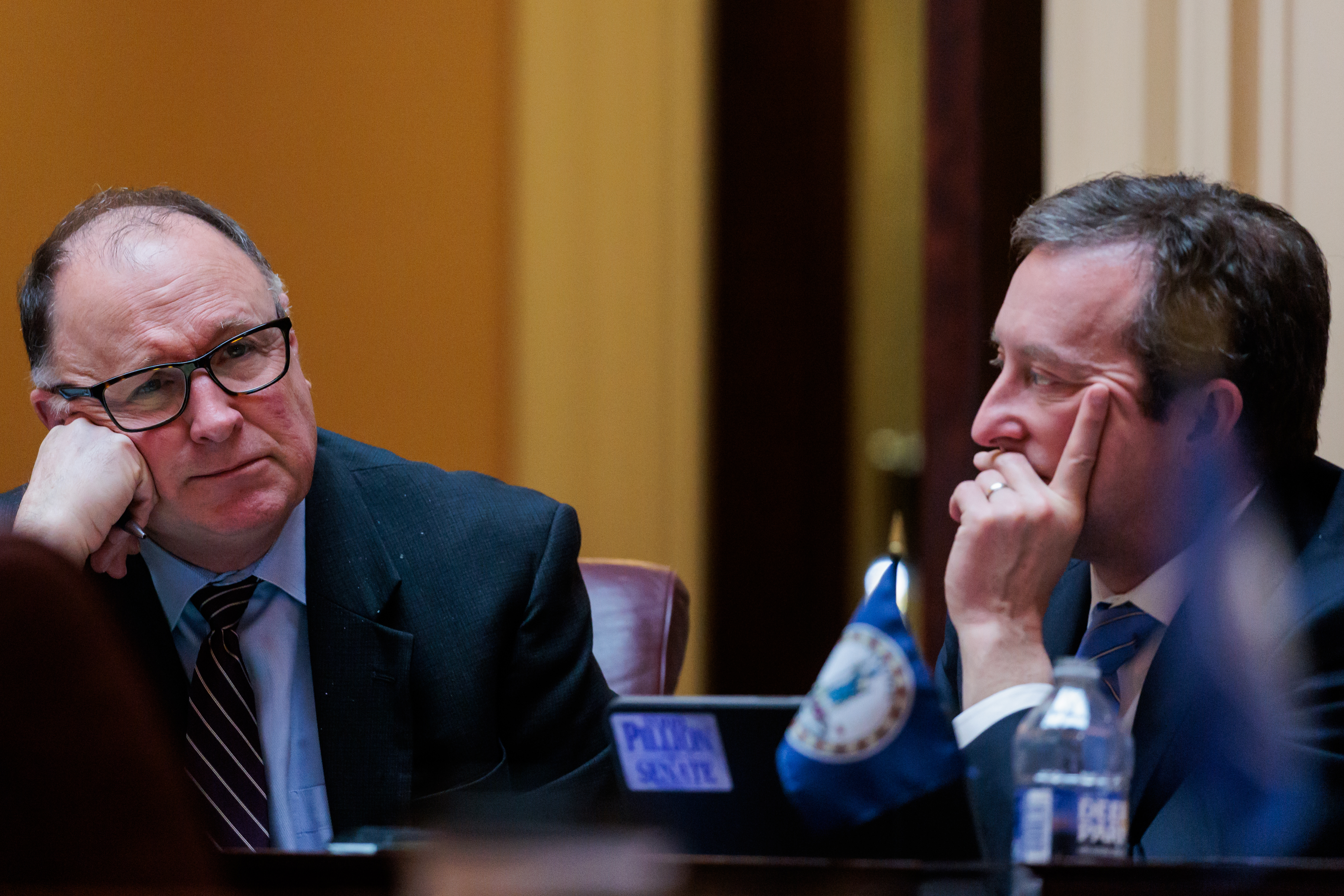 State Sens. Creigh Deeds (D–Charlottesville) and Todd Pillion (R–Abingdon) listen to debate on budget amendments during a General Assembly session on Thursday, February 6, 2025 at the Virginia State Capitol in Richmond.