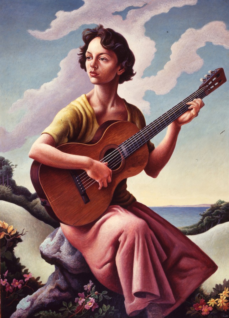 Jessie with Guitar, 1957, Thomas Hart Benton (American, 1889–1975), oil on canvas, 42 x 30 ½ in. Jessie Benton Collection © 2022 T.H. and R.P. Benton Trusts / Licensed by Artists Rights Society (ARS), New York.&nbsp;(Image used with permission.)