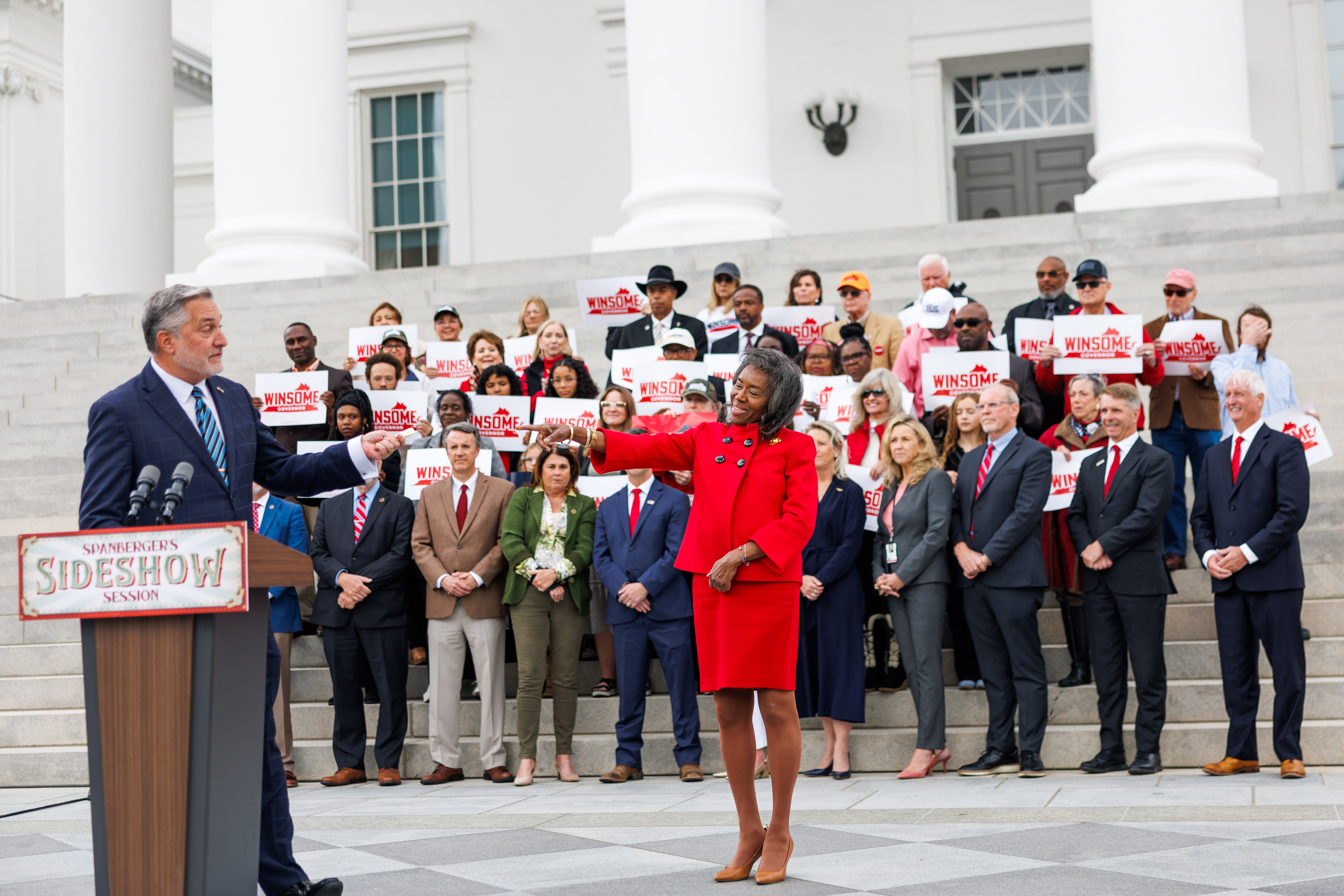 Virginia Senate votes to propose redistricting amendment 2 Republican lieutenant governor candidate John Reid points to Lt. Gov. Winsome Earle-Sears, the Republican candidate for governor, during a press conference outside the Virginia State Capitol on Monday, October 27, 2025.