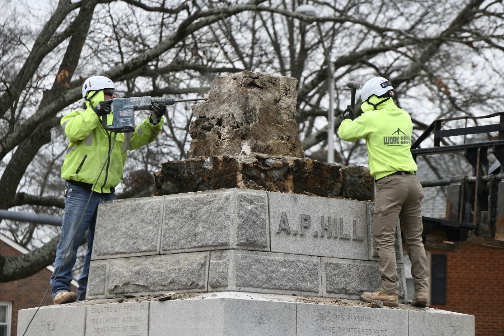 Work on the pedestal continued after the statue's removal in order to recover Hill's remains.