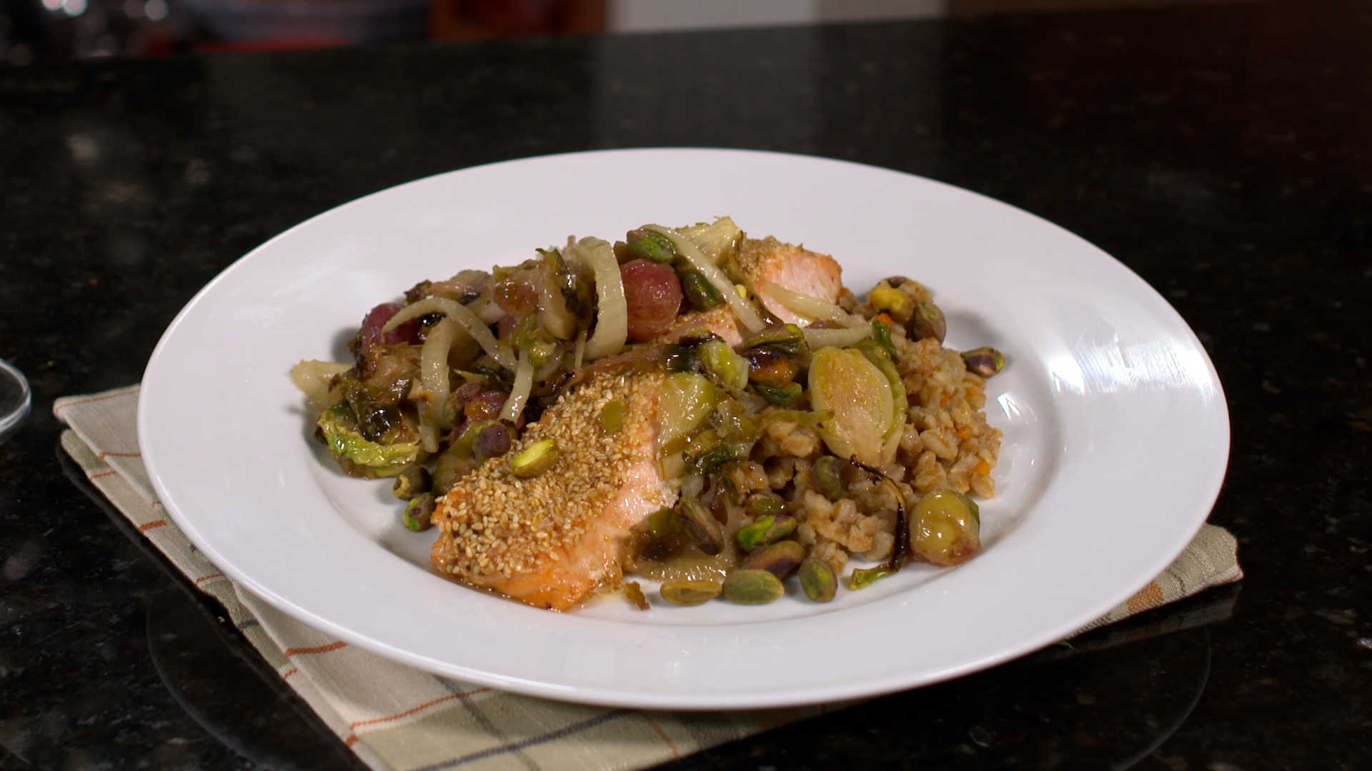Roasted Sesame Encrusted Salmon with Creamy Farro; Roasted Brussel Sprouts with Fennel, Grapes, and Pistachios, and White Wine Vinaigrette